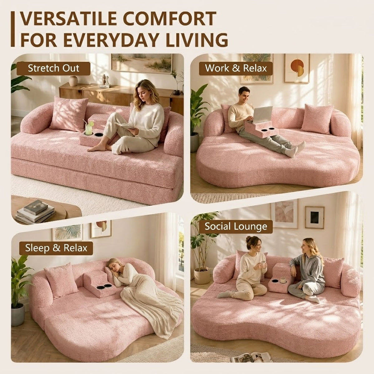 2 In 1 Convertible Sleeper Sofa Bed With Cup Holders