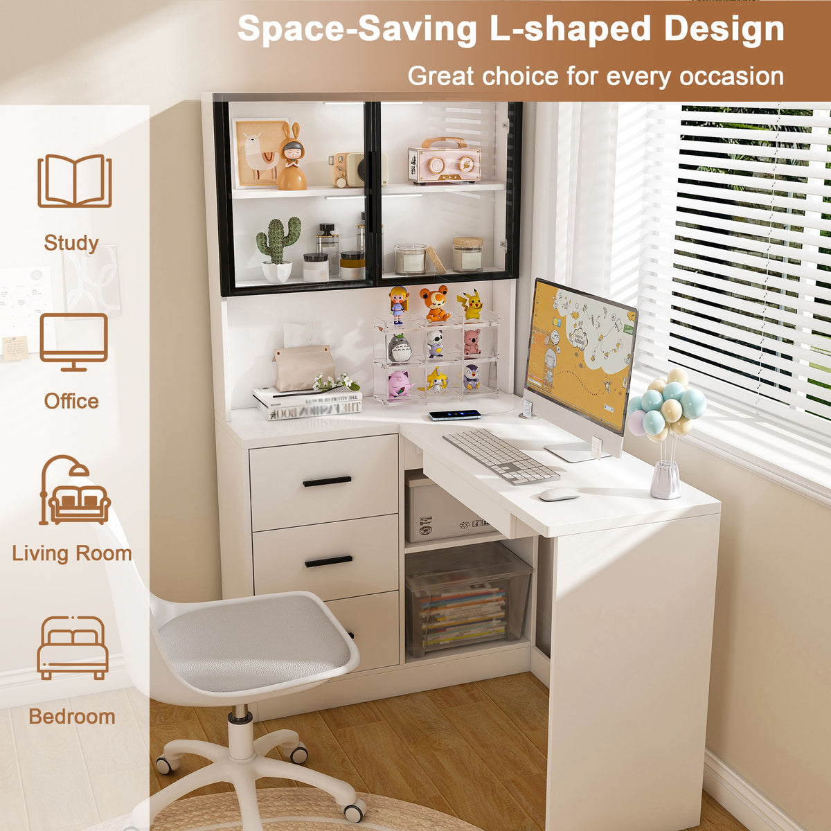 L-Shaped Computer Desk With Glass Cabinets, Built In LED Lights, USB Charging Ports