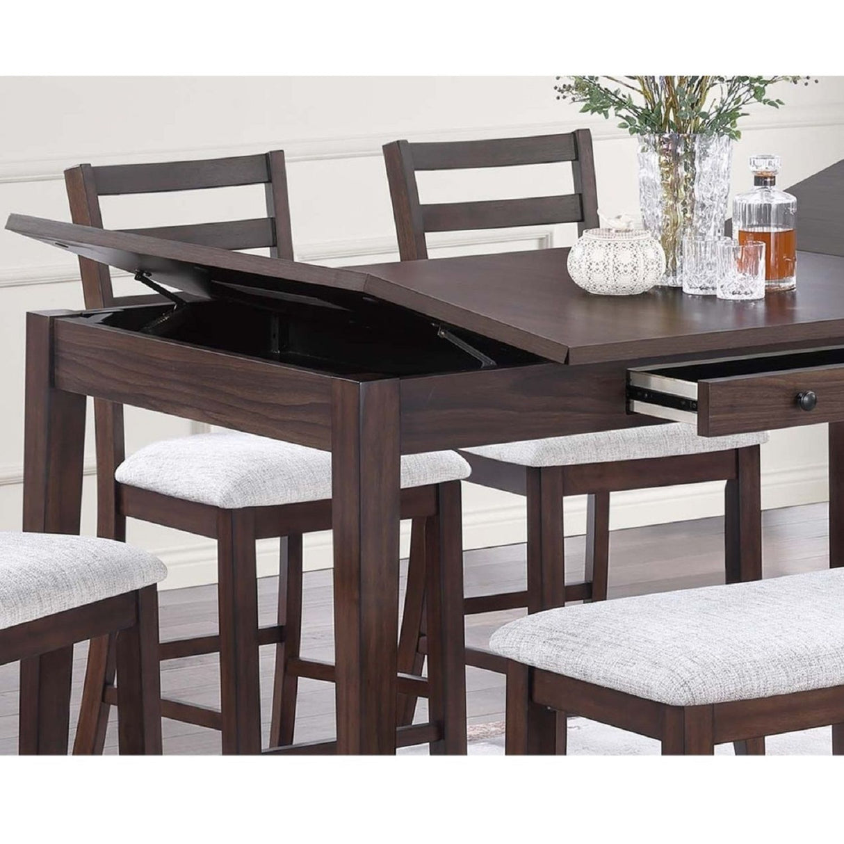 Counter Height Dining Table With Lift Top Storage And Front Drawer - Walnut