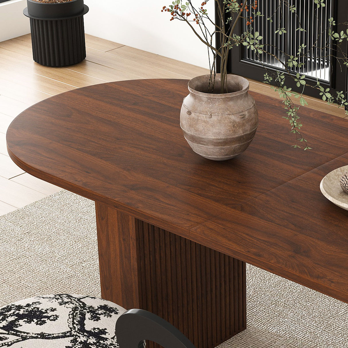 Oval Dining Table For 6 With 4 Upholstered Chairs - Walnut / Black