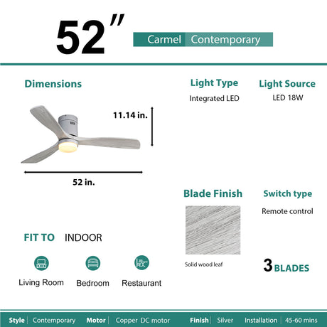 52" Ceiling Fan With LED Light, Reversible DC Motor, Remote Control - Silver