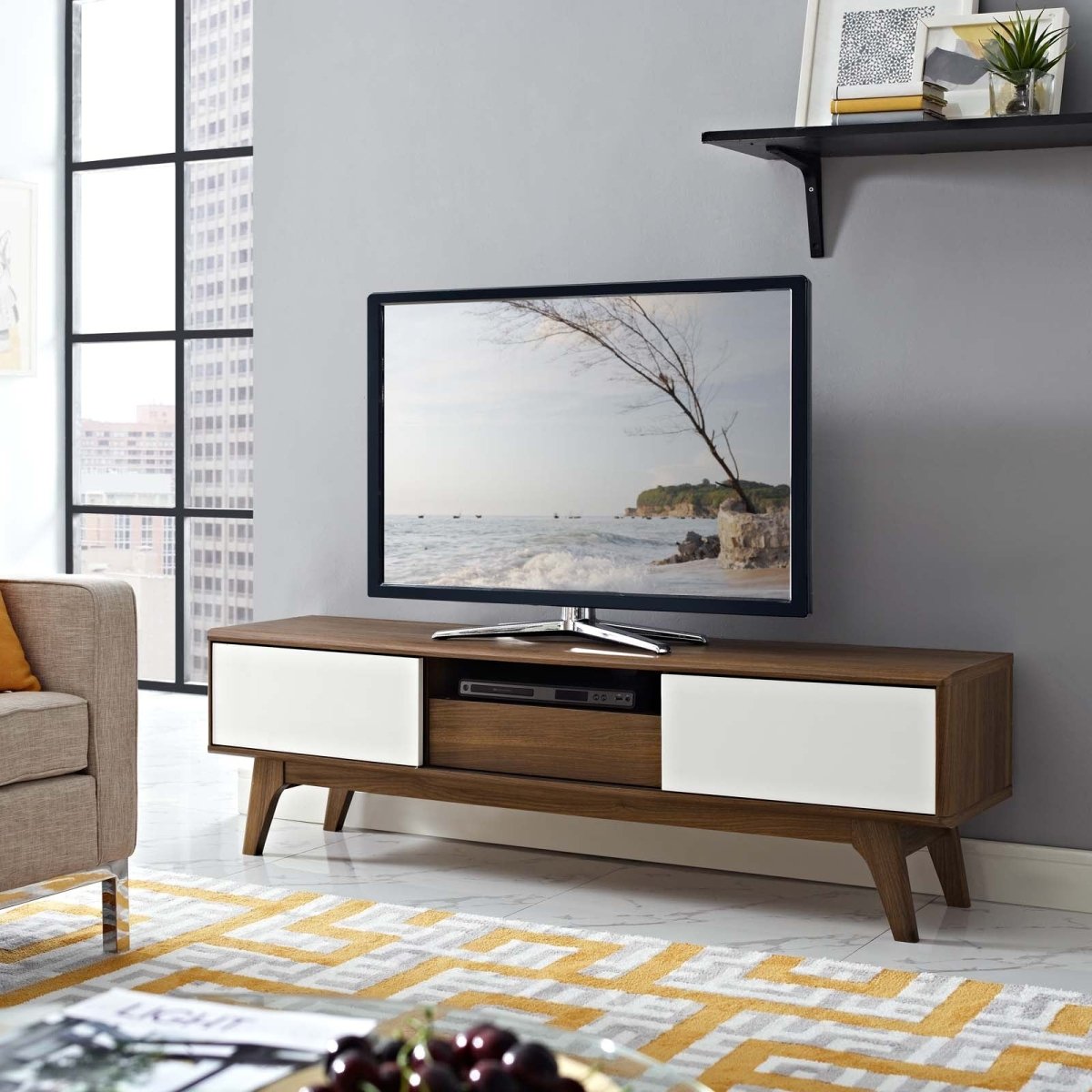 59 Inch Elegant Linear TV Stand in Walnut White - TV Stands available at Alpine Outlets in Denver