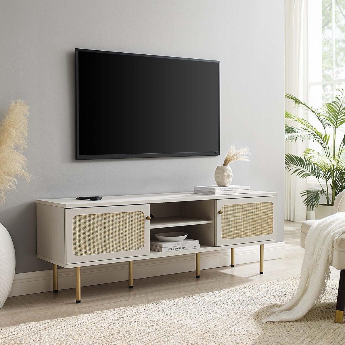 59 Inch Modern Rattan Sliding Door TV Stand - TV Stands available at Alpine Outlets in Denver