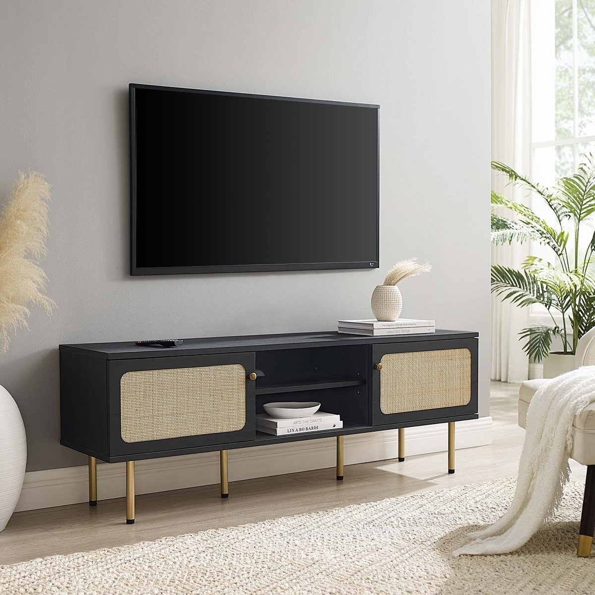 59 Inch Modern Rattan Sliding Door TV Stand - TV Stands available at Alpine Outlets in Denver