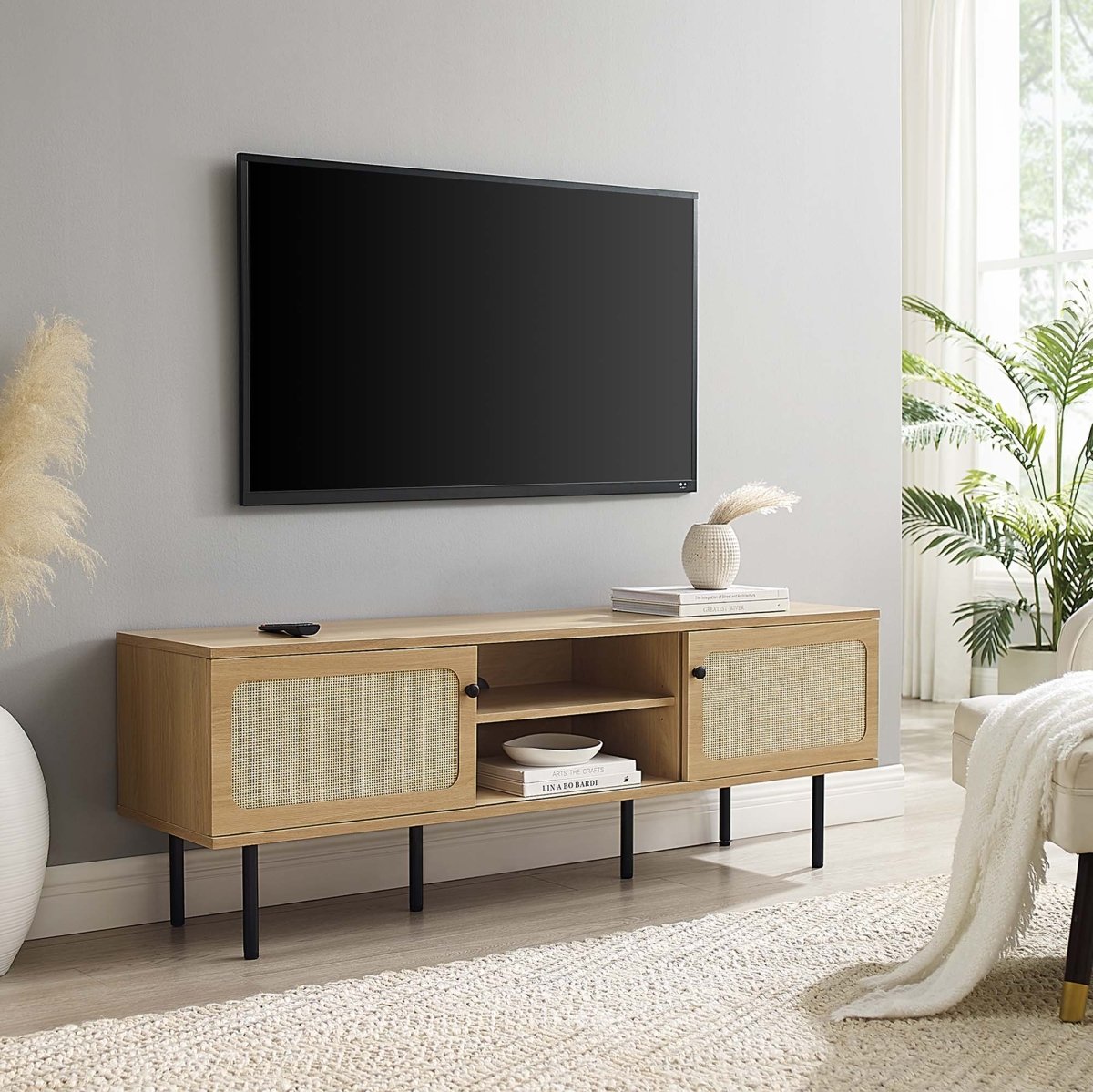 59 Inch Modern Rattan Sliding Door TV Stand - TV Stands available at Alpine Outlets in Denver