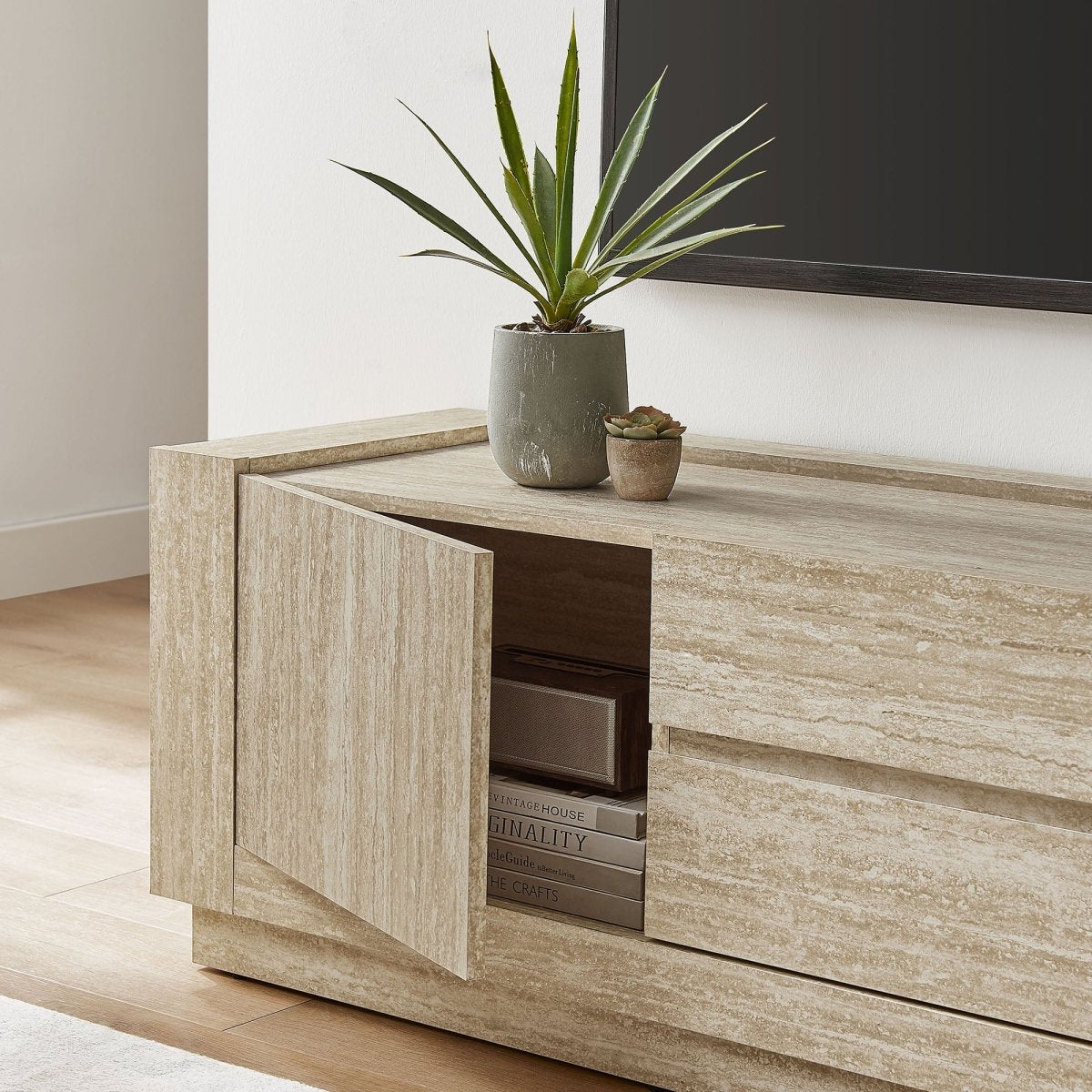 59 Inch Modern Travertine TV Stand in Travertine - TV Stands available at Alpine Outlets in Denver