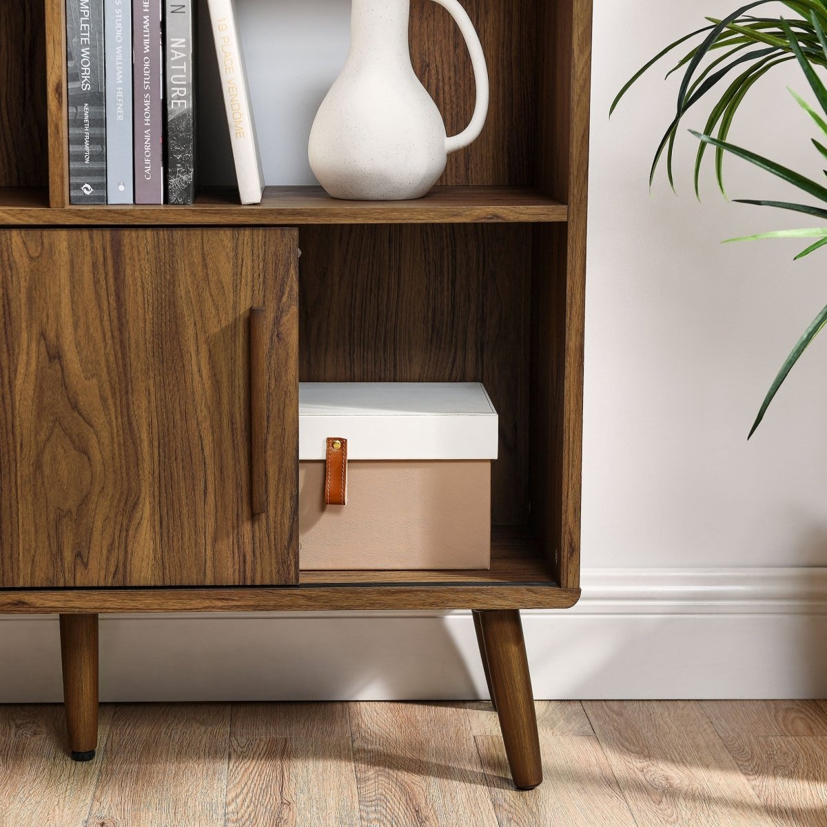 59" Wide Mid - Century Four - Tier Bookcase with Sliding Doors - Bookcases available at Alpine Outlets in Denver