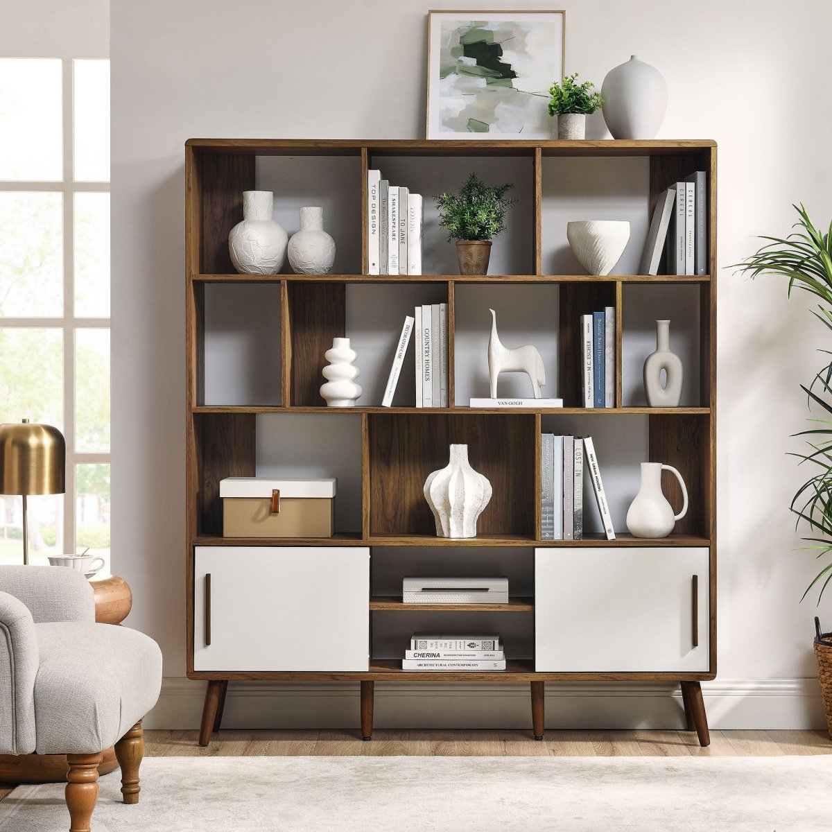 59" Wide Mid - Century Four - Tier Bookcase with Sliding Doors - Bookcases available at Alpine Outlets in Denver