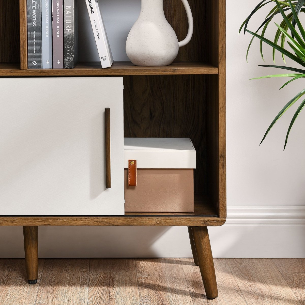 59" Wide Mid - Century Four - Tier Bookcase with Sliding Doors - Bookcases available at Alpine Outlets in Denver