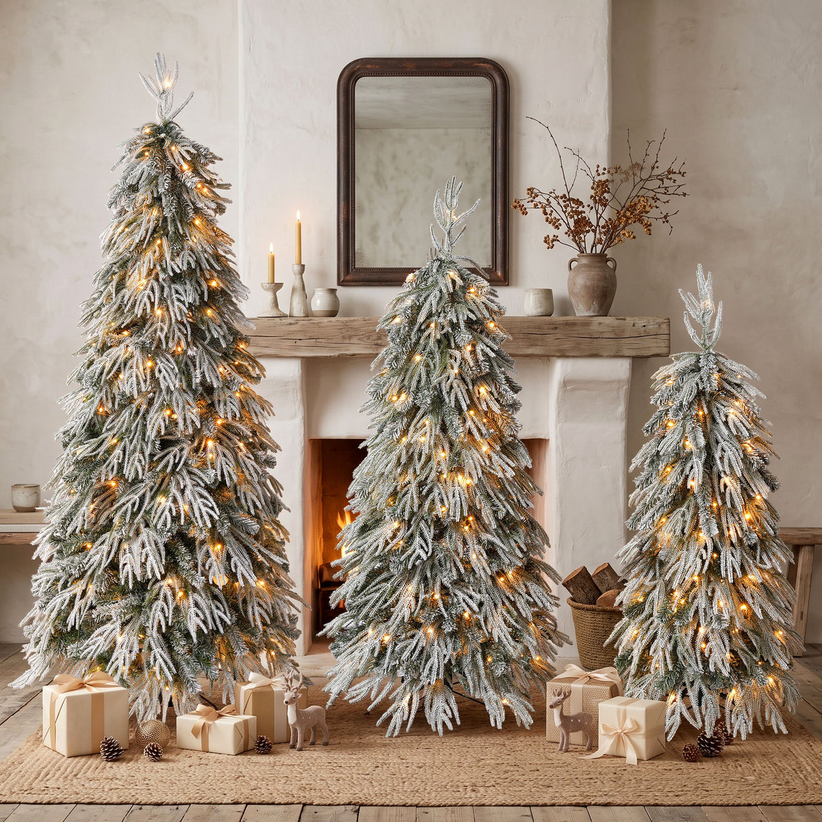 Snowy Cascading Christmas Trees 3 Piece Set With Warm LED Lighting, Flocked Weeping Branches, Multi Level Indoor Decor - Green