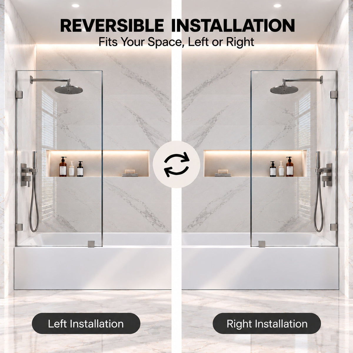 Frameless Bathtub Shower Screen, Reversible Installation