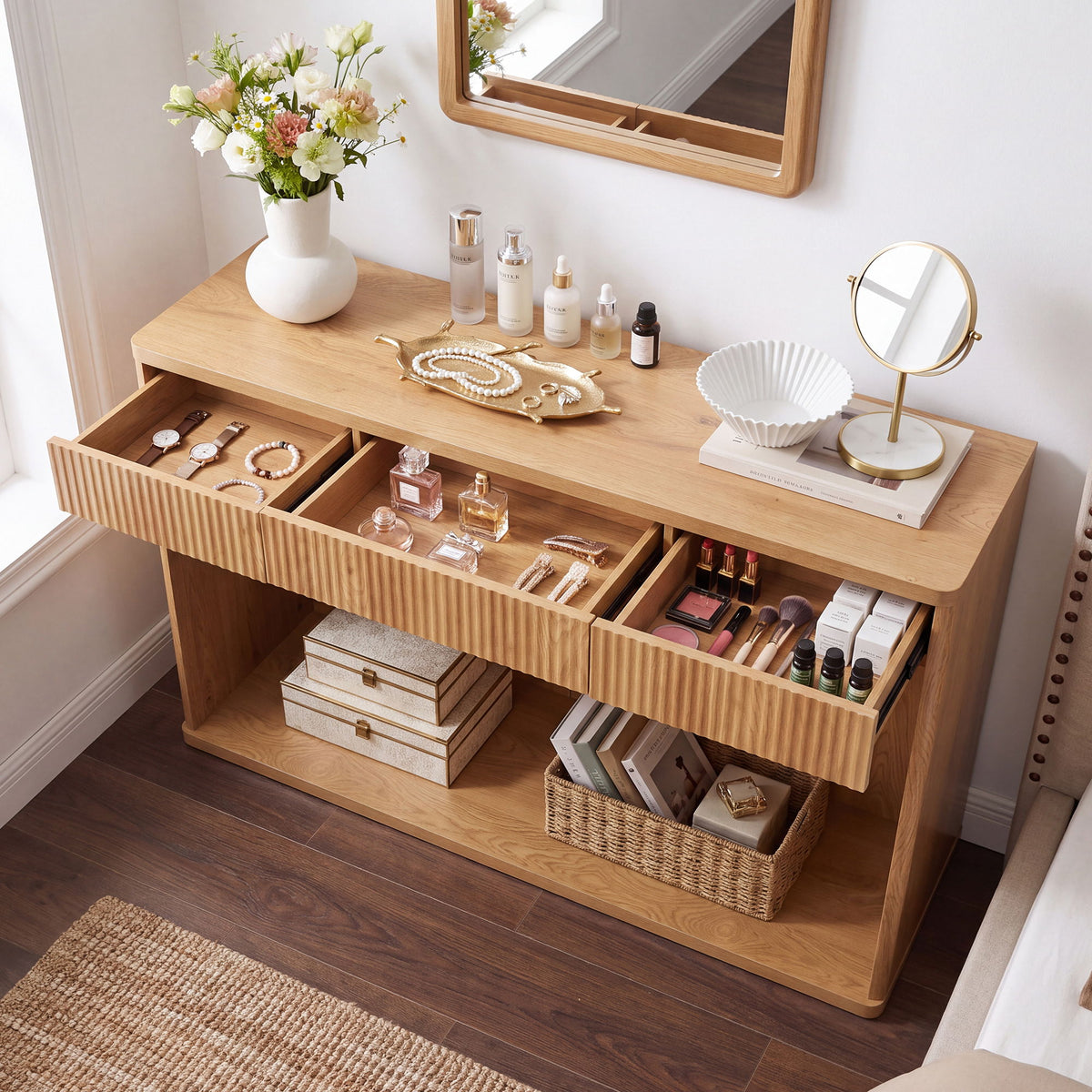 Fluted Console Table With 3 Drawers, Long Sofa Table Behind Couch For Living Room