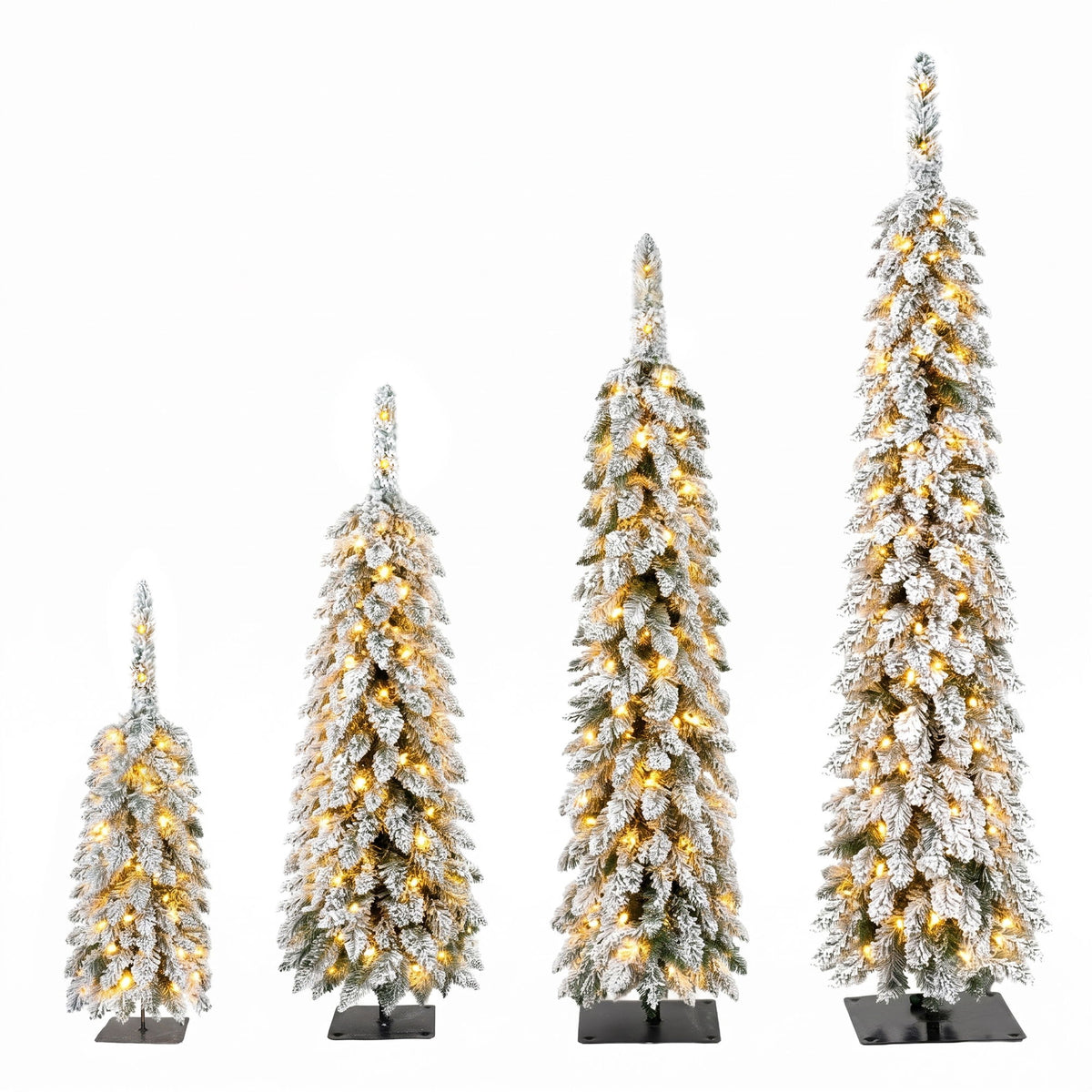 4 Pack Slim Pencil Christmas Trees With Snow Tips, Warm LED Lights, For Indoor Use - Green