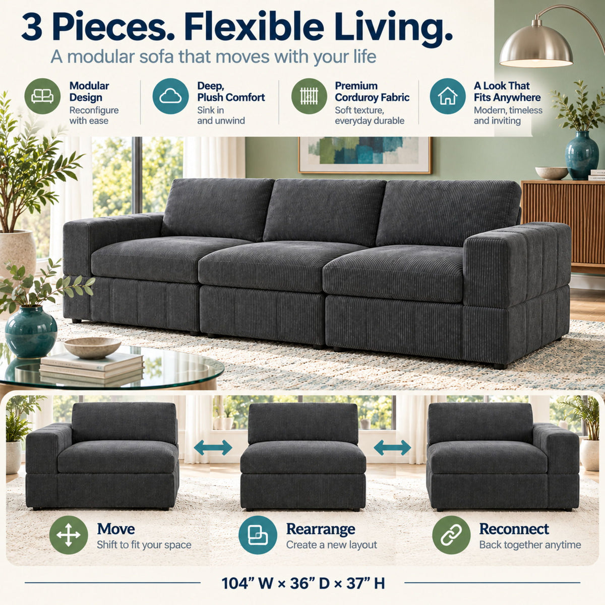Oversized Modular Sectional Sofa 3 Piece Set, Flexible Layout For Living Room