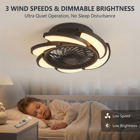 Bladeless Ceiling Fan With Remote Control, 6 Speeds Dimmable Light, Enclosed Low Profile For Living Room - Black
