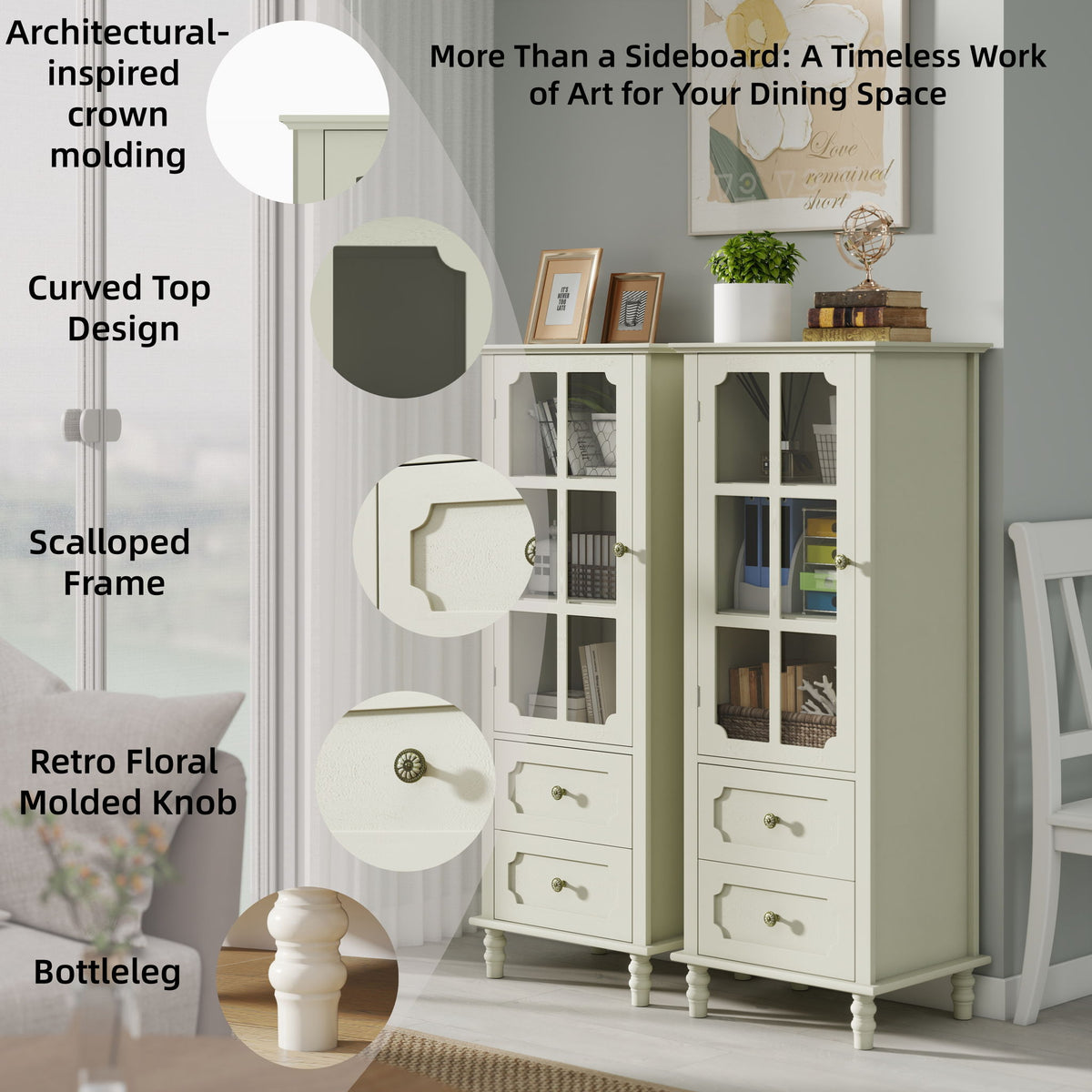 Minimalism Buffet Cabinet With Glass Doors And Double Drawer