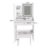3 Color LED Vanity Mirror With Stool, 2 Drawers & 5 Storage Cabinets, Adjustable Lighting - White