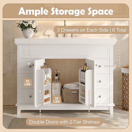Bathroom Vanity Cabinet Only, 6 Soft Close Drawers & Double Doors - White