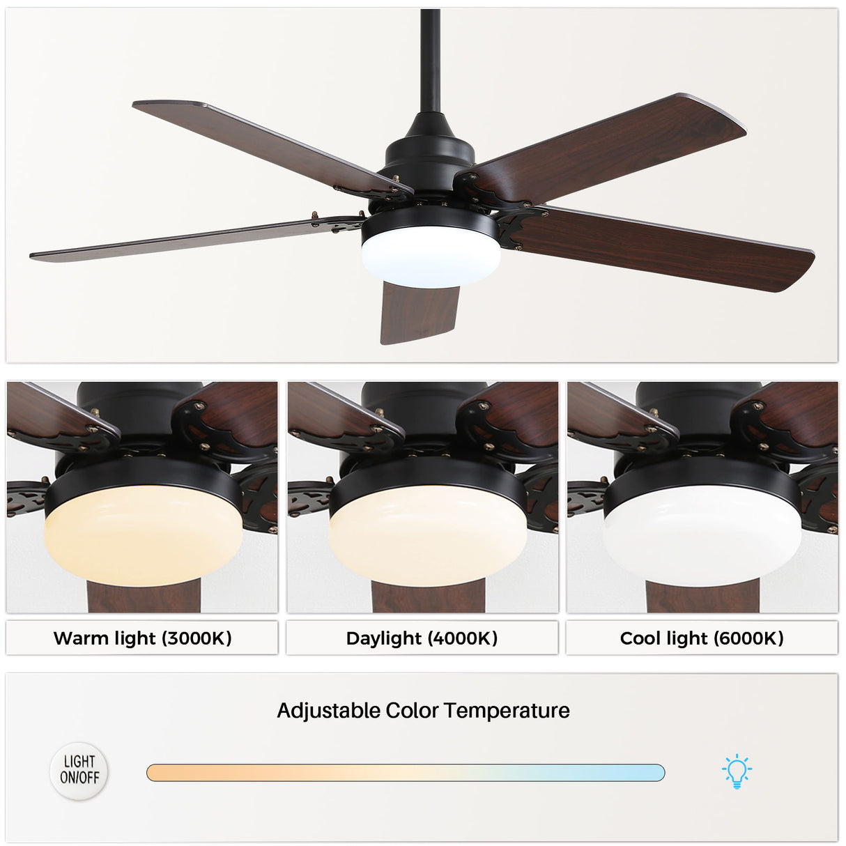 Modern Ceiling Fan With 3 Color Dimmable Light 5 Blades Remote Control Reversible Dc Motor For Bedroom - Black - Ceiling Fans - Alpine Outlets