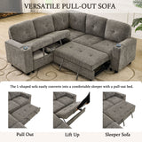 5 Seat Reversible L - Shaped Sleeper Sofa, Pull Out Convertible Sectional Couch With Storage, USB C - Charger, Cup Holders Modular Sofa Bed - Gray