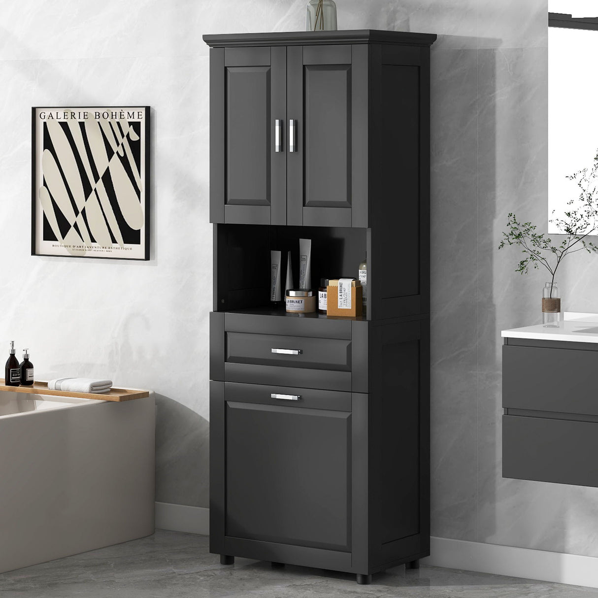 Tall Bathroom Cabinet With Tilt-Out Laundry Basket And Upper Storage