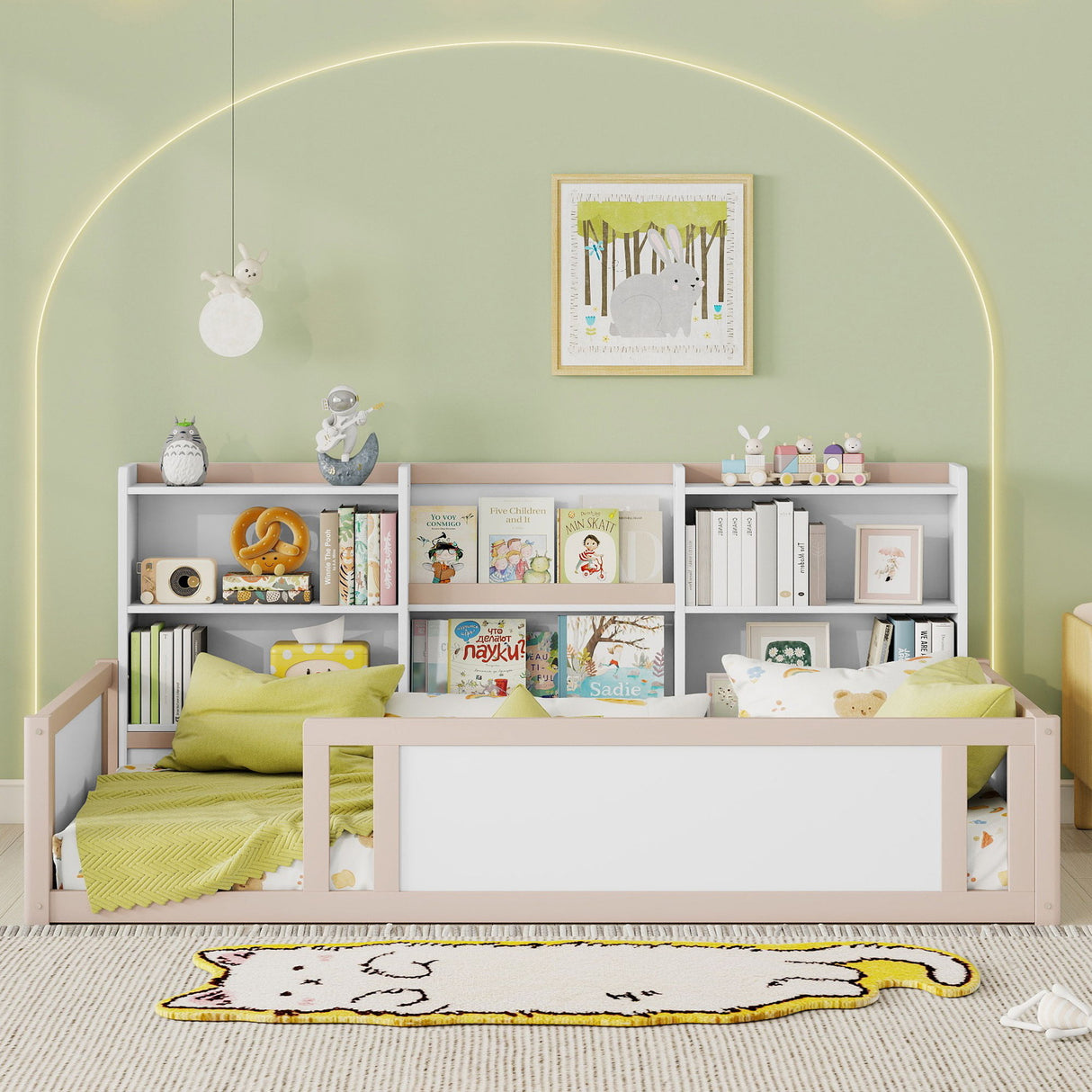 Platform Floor Bed With Guardrail Fence And Side Storage Shelves
