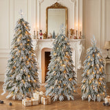 Snowy Cascading Christmas Trees 3 Piece Set With Warm LED Lighting, Flocked Weeping Branches, Multi Level Indoor Decor - Green