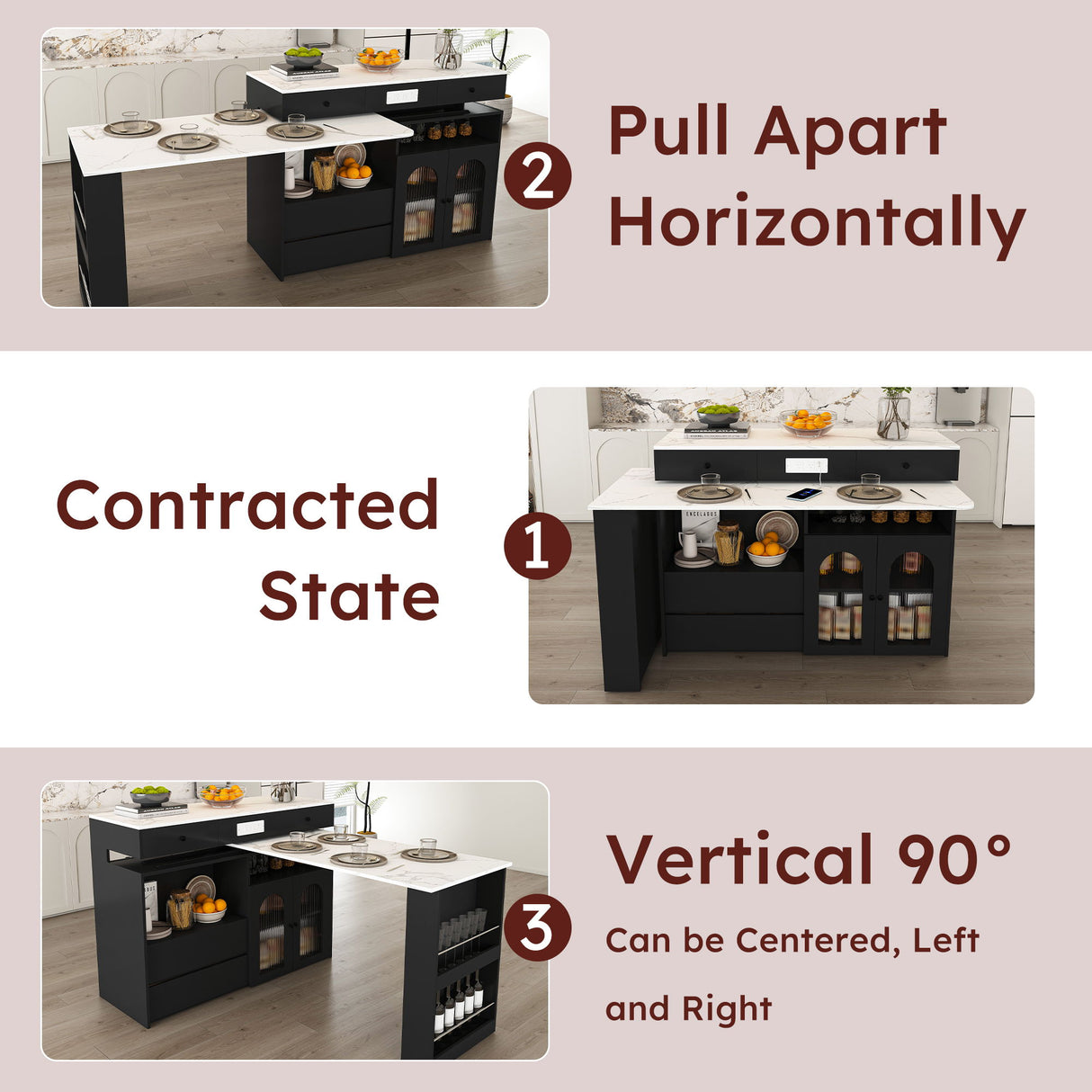 Retro Kitchen Island Set With Chairs, Extendable & Rotating Table, 4 Drawers & Door Cabinets