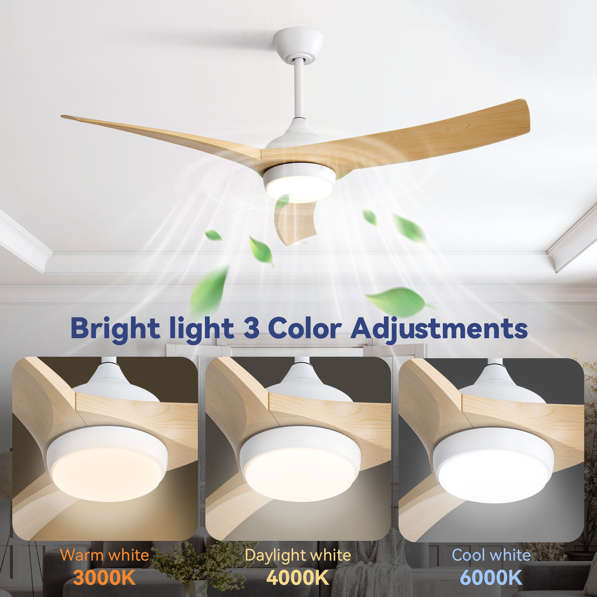 52" Ceiling Fan With 18W LED Light And Remote Control, 3 Blades DC Motor