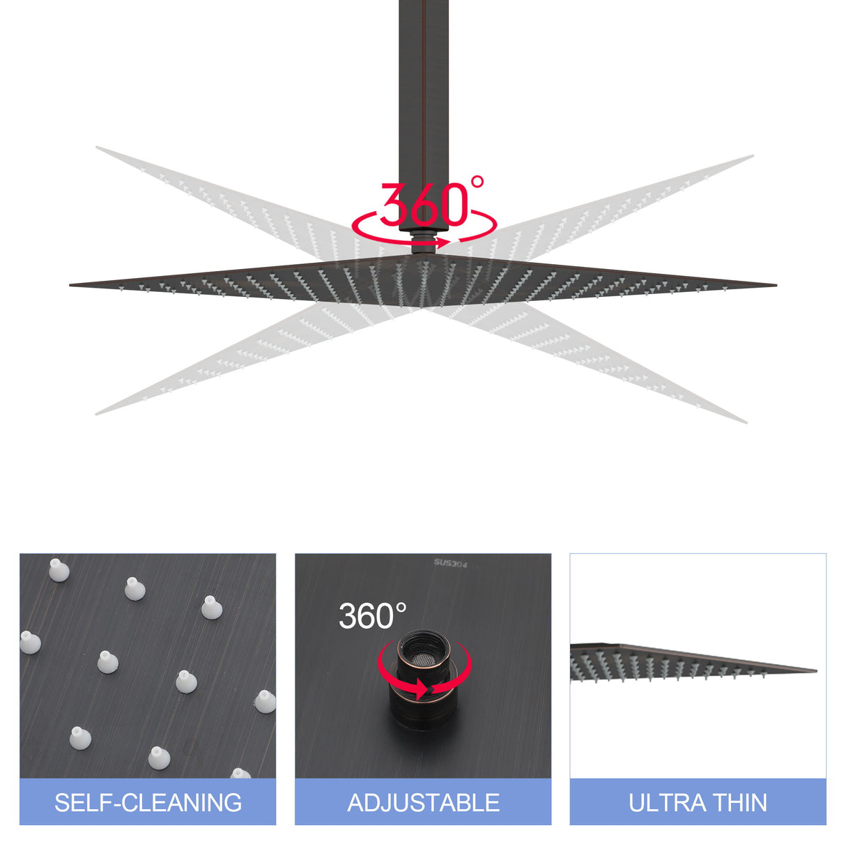 16" Square Rainfall Shower Head Fixed Wall Mount With Full Body Coverage & Self Cleaning Silicone Nozzles