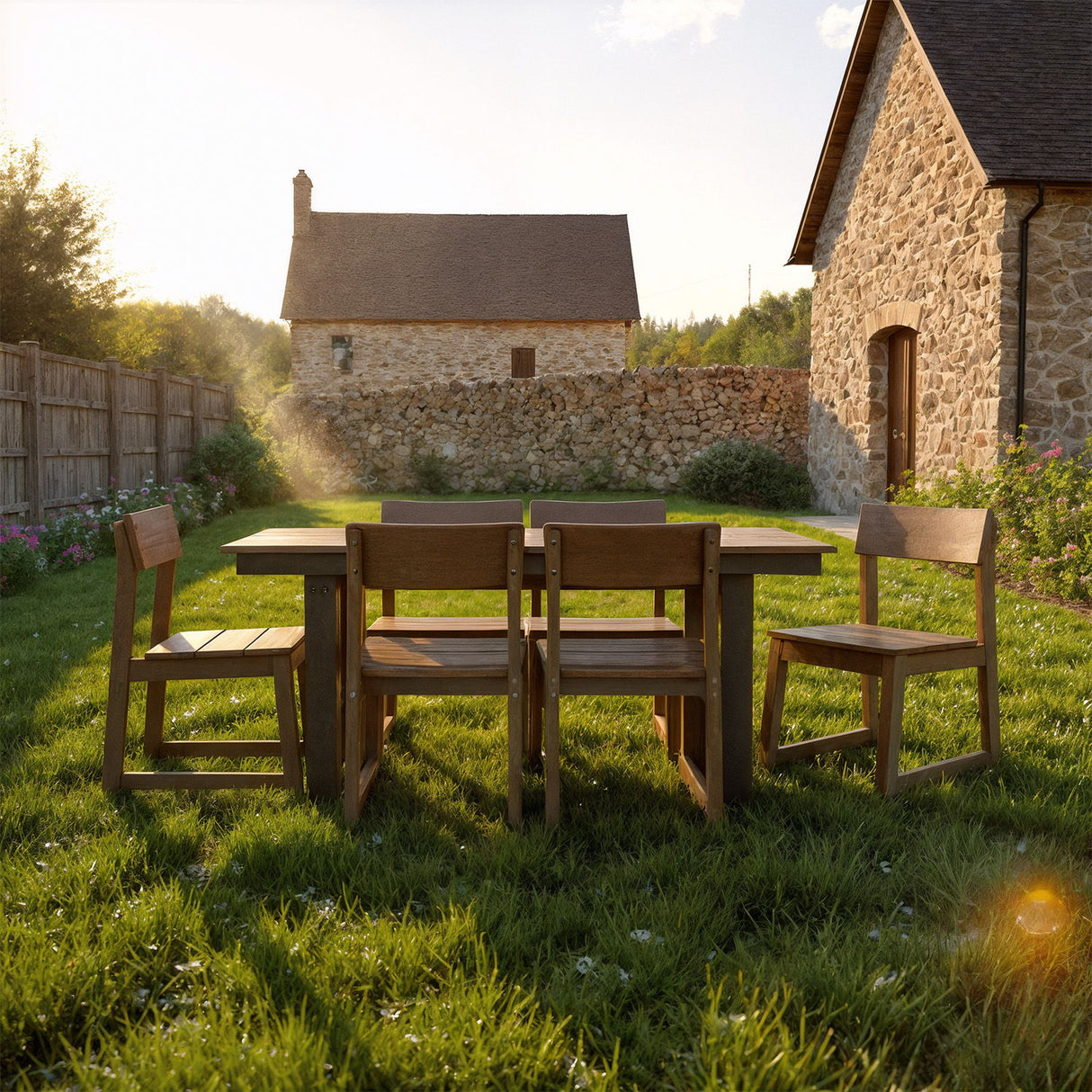 7 Piece Outdoor Dining Set For 6, Table With Umbrella Hole & 6 Armless Chairs For Backyard - Brown