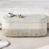Oval Upholstered Storage Ottoman With Fringe Trim & Lift Top Lid