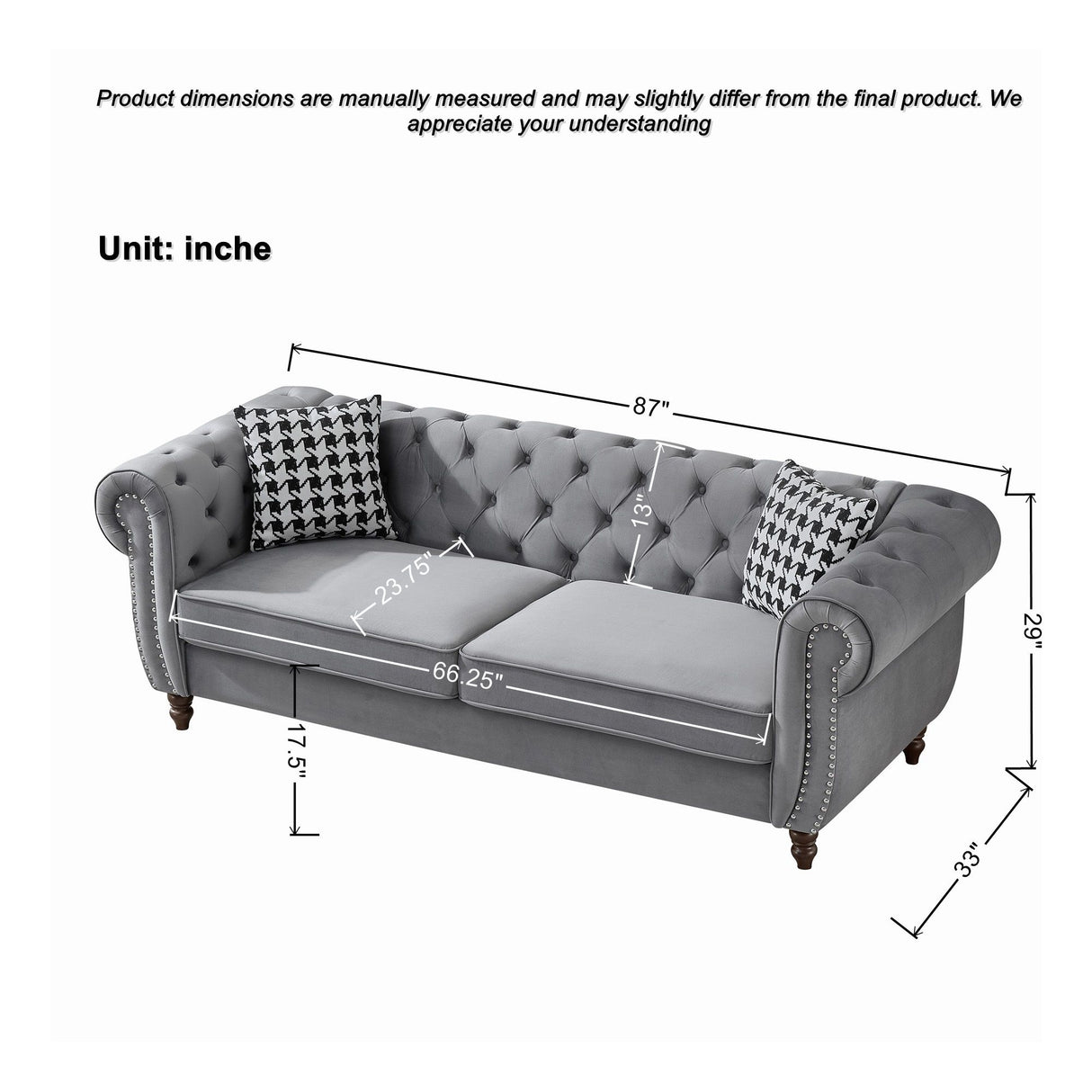 Chesterfield Upholstery Fabric Sofa With Roll Armrest & Nailhead, Mid Century Modern 3 And 3 Seater Couch