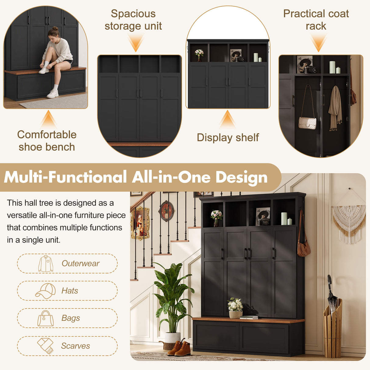 Hall Tree With 4 Hidden Cabinets