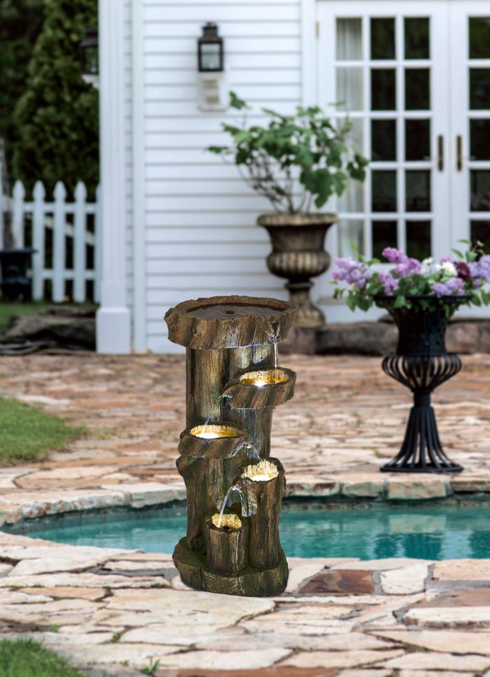 Rustic Decorative Tree Trunk 5 Tier Water Fountain, With Light And Pump, For Indoor And Outdoor - Brown - Feeders & Water - Alpine Outlets
