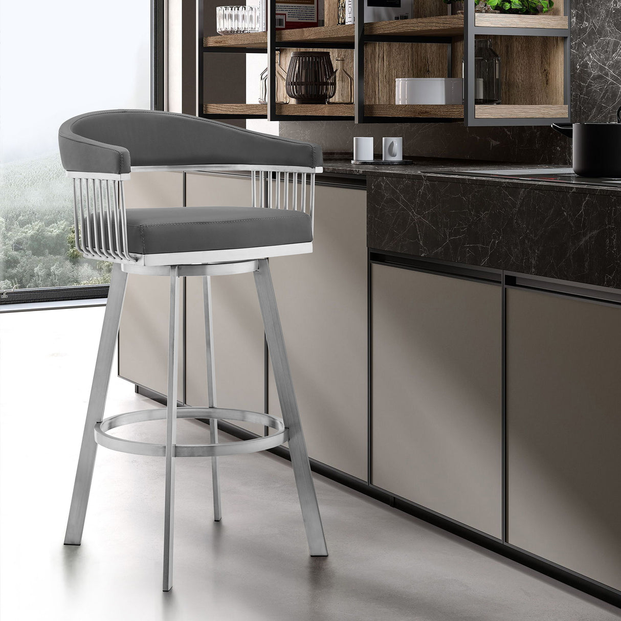 Bronson - Faux Leather And Brushed Stainless Steel Swivel Bar Stool