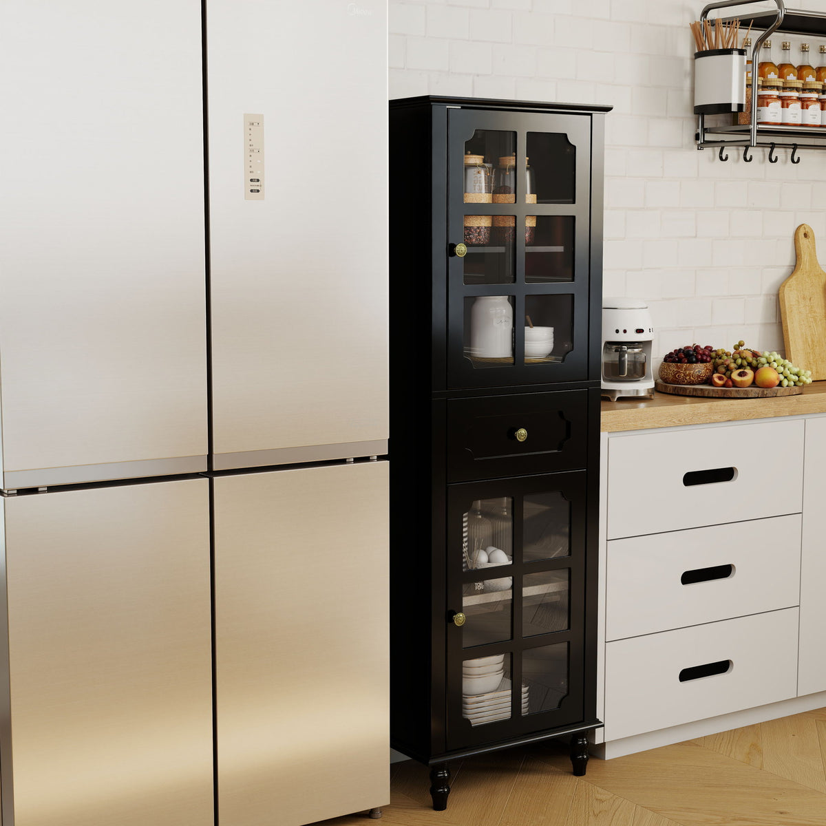 Storage Cabinet, Freestanding Curio Cabinet With Grid Doors & Drawer, Pantry Display Cabinet For Kitchen