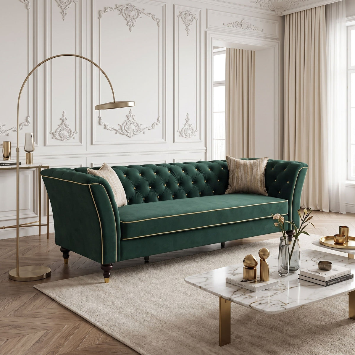 3 Person Sofa With Deep Seat, Tufted Backrest