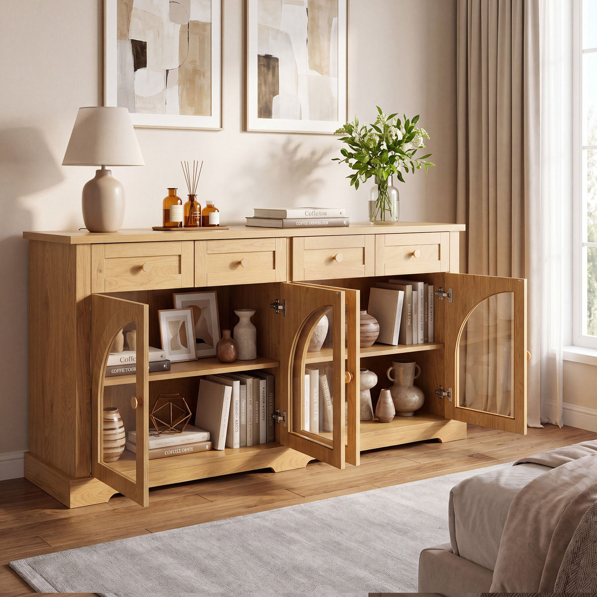 Sideboard Cabinet With 4 Drawers And 4 Arched Glass Doors