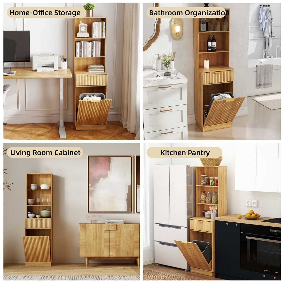 Tall Narrow Fluted Storage Cabinet With Trash Bin Compartment For Kitchen (Trash Can Not Included)
