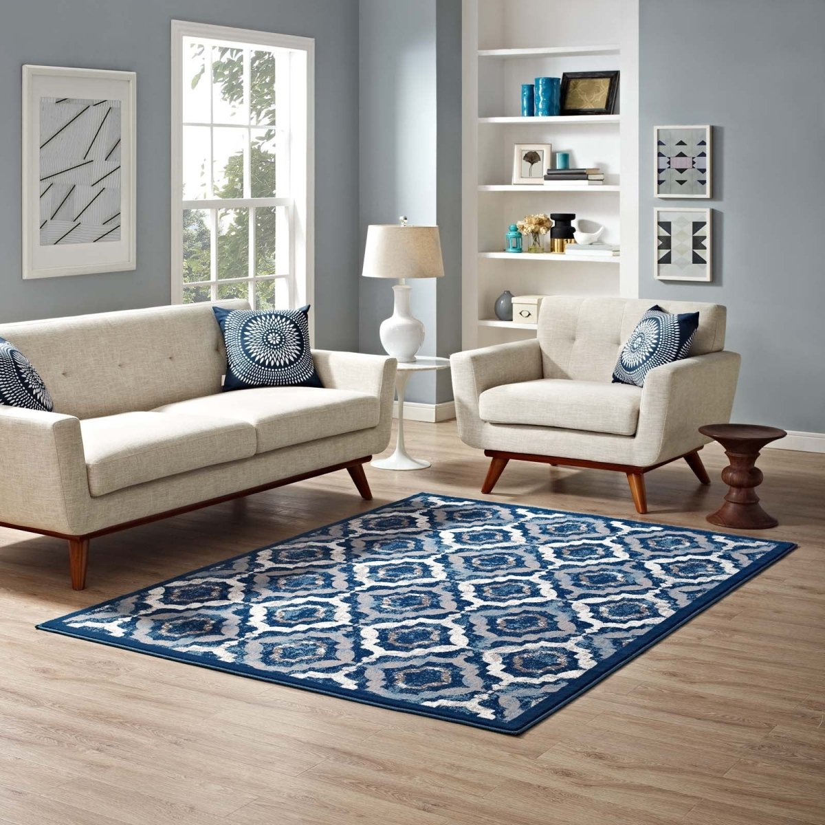 5x8 Beige Moroccan Blue and Ivory Rustic Vintage Moroccan Trellis Polypropylene Area Rug - Mats and Rugs - Alpine Outlets