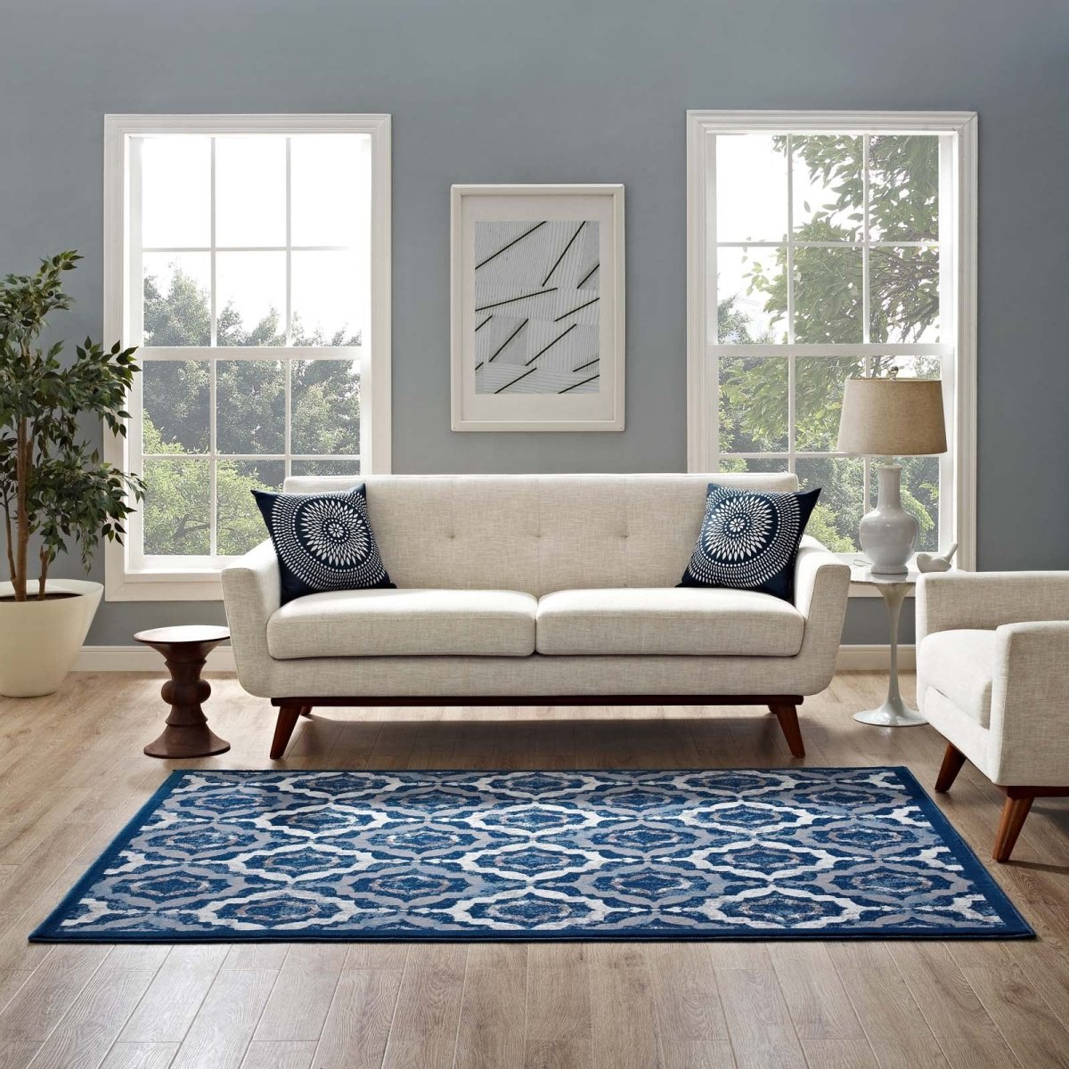 5x8 Beige Moroccan Blue and Ivory Rustic Vintage Moroccan Trellis Polypropylene Area Rug - Mats and Rugs - Alpine Outlets