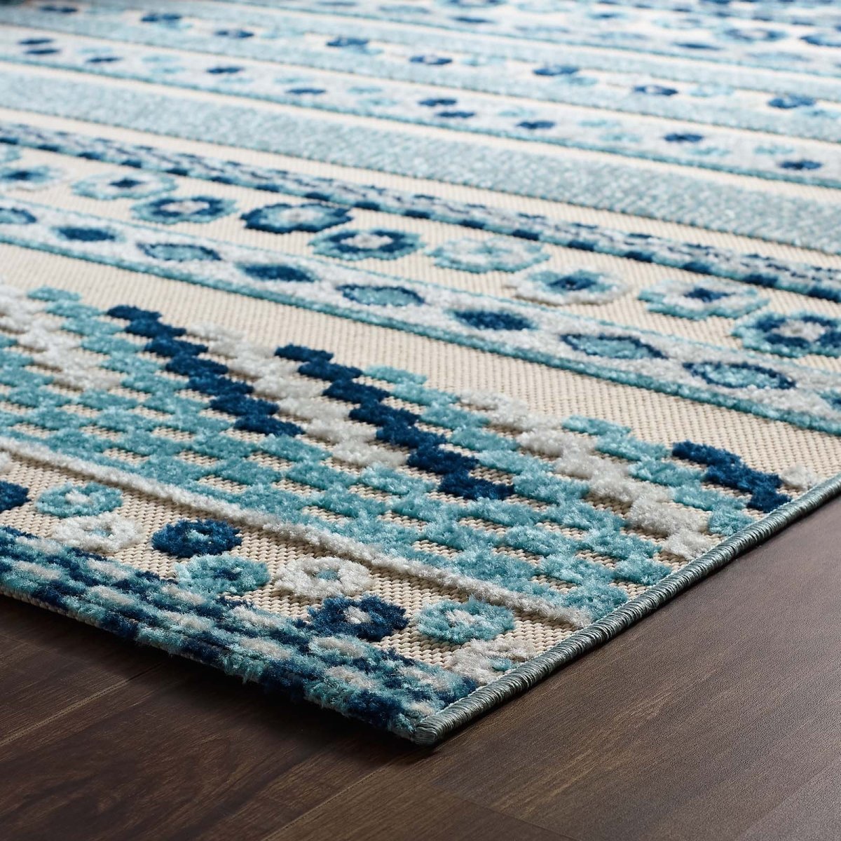 5x8 Ivory and Blue Vintage Abstract Geometric Lattice Indoor/Outdoor Rug - Mats and Rugs - Alpine Outlets
