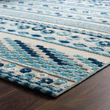 5x8 Ivory and Blue Vintage Abstract Geometric Lattice Indoor/Outdoor Rug - Mats and Rugs - Alpine Outlets