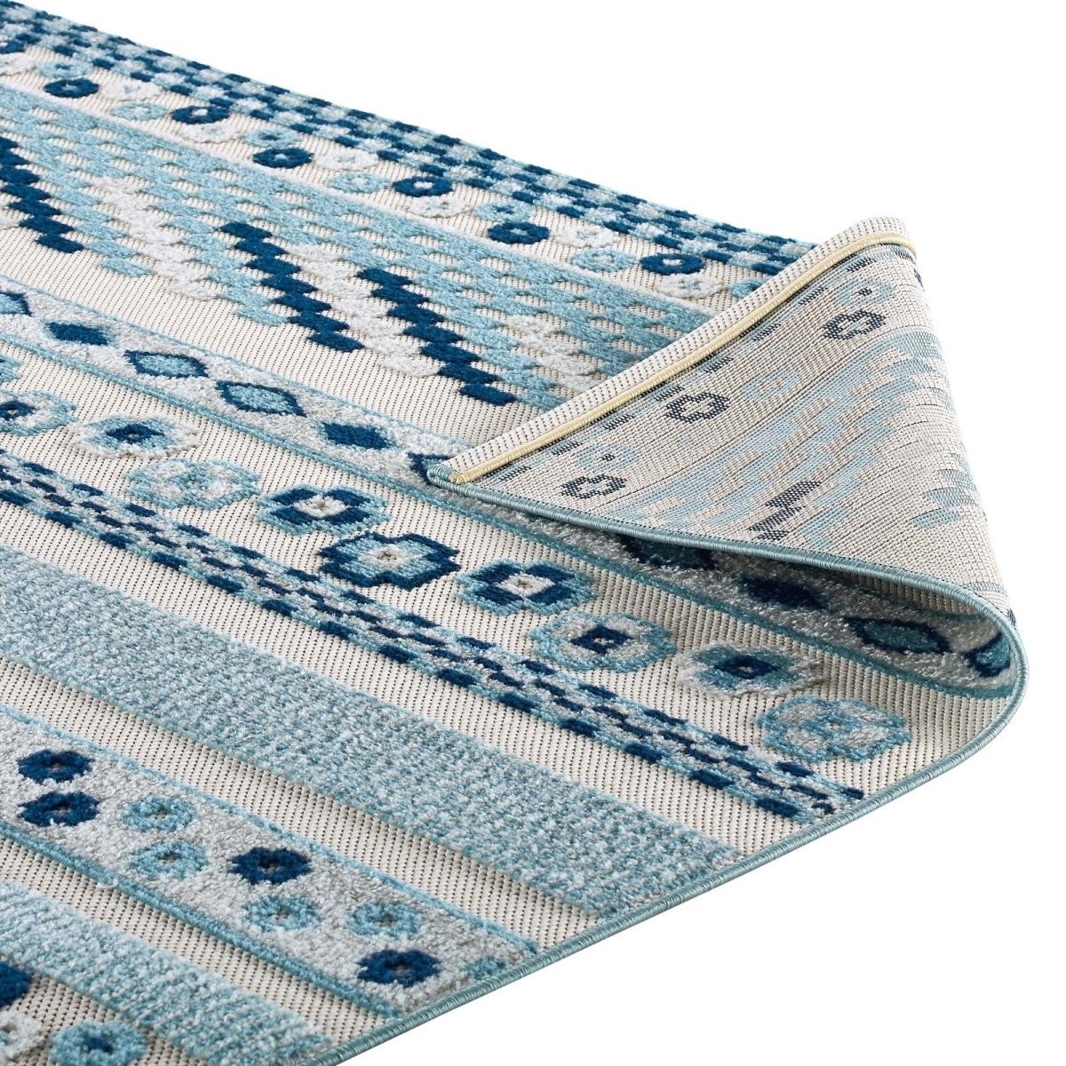 5x8 Ivory and Blue Vintage Abstract Geometric Lattice Indoor/Outdoor Rug - Mats and Rugs - Alpine Outlets