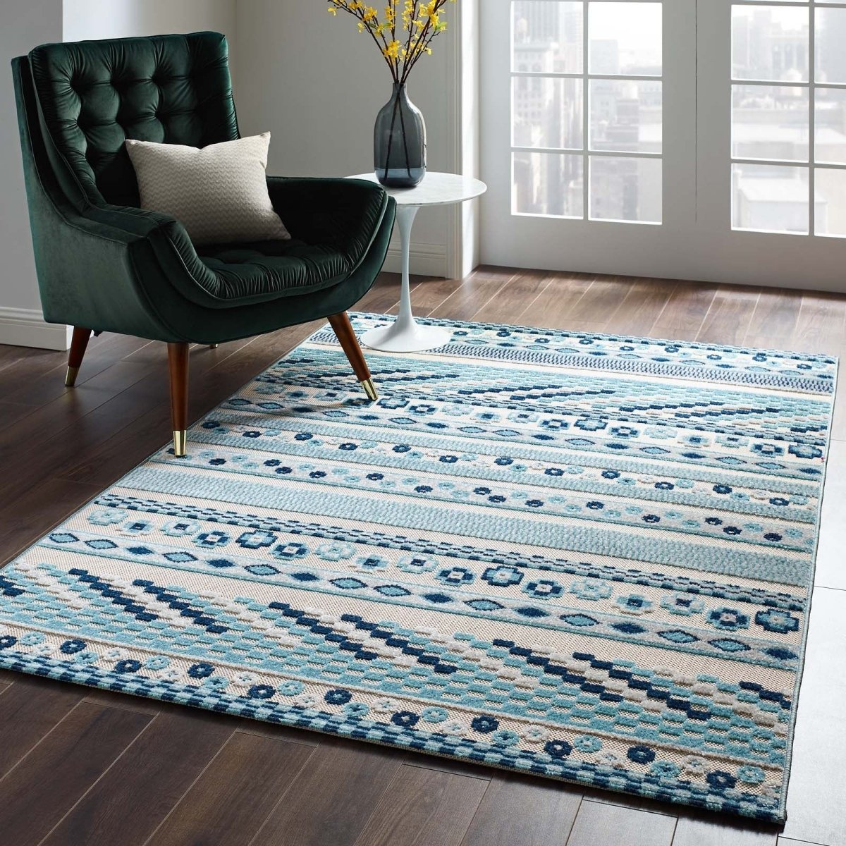 5x8 Ivory and Blue Vintage Abstract Geometric Lattice Indoor/Outdoor Rug - Mats and Rugs - Alpine Outlets