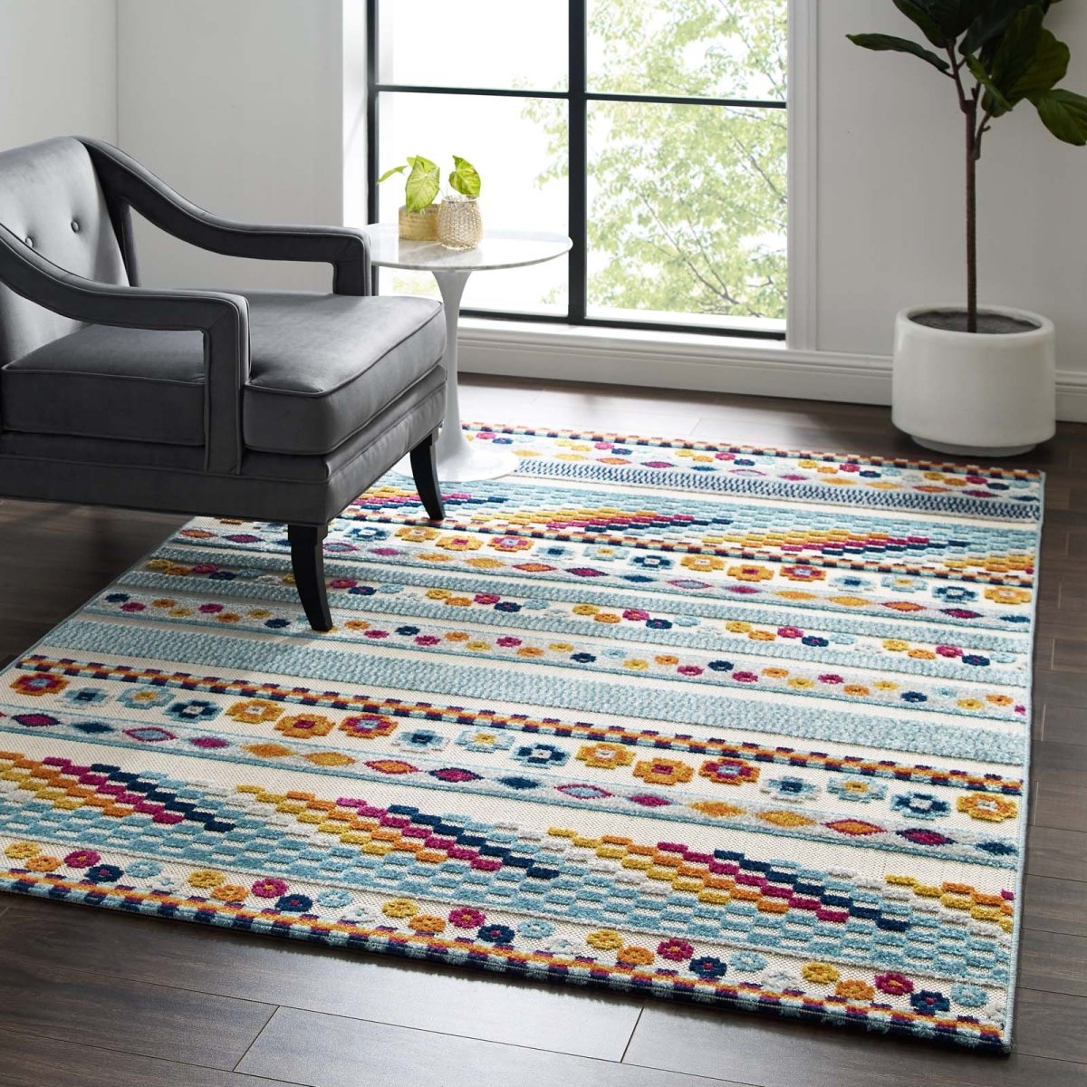 5x8 Multicolored Vintage Abstract Geometric Lattice Indoor/Outdoor Rug - Mats and Rugs - Alpine Outlets