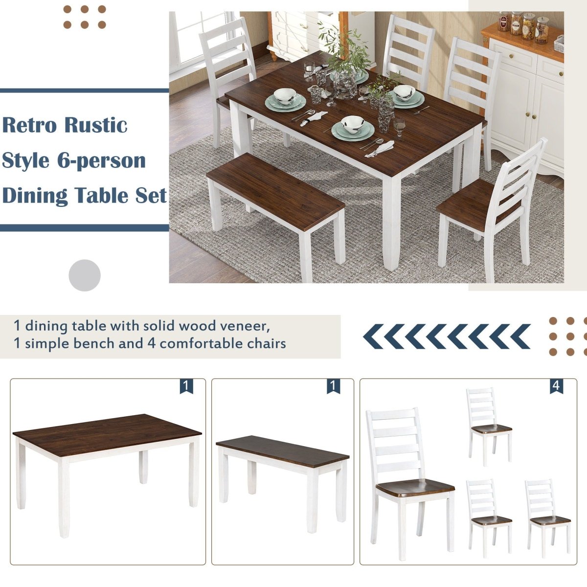 6 Piece Dining Set With 4 Upholstered Chairs & Bench - Walnut - 6 Piece Dining Room Sets available at Alpine Outlets in Denver