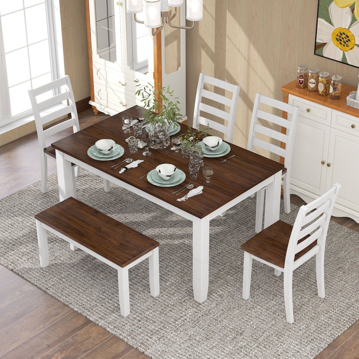 6 Piece Dining Set With 4 Upholstered Chairs & Bench - Walnut - 6 Piece Dining Room Sets available at Alpine Outlets in Denver
