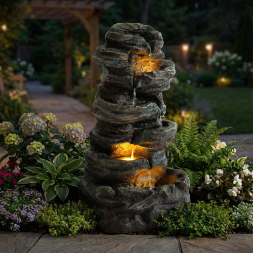 6 - Tier Outdoor Cascading Stone Water Fountain with 3 LED Lights - 🟢 Outdoor Decor available at Alpine Outlets in Denver